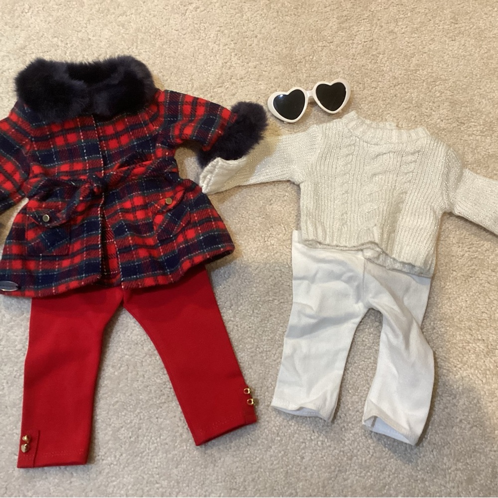 American Girl clothes sets: Red Plaid Coat Set, White Sweater set, Olympic